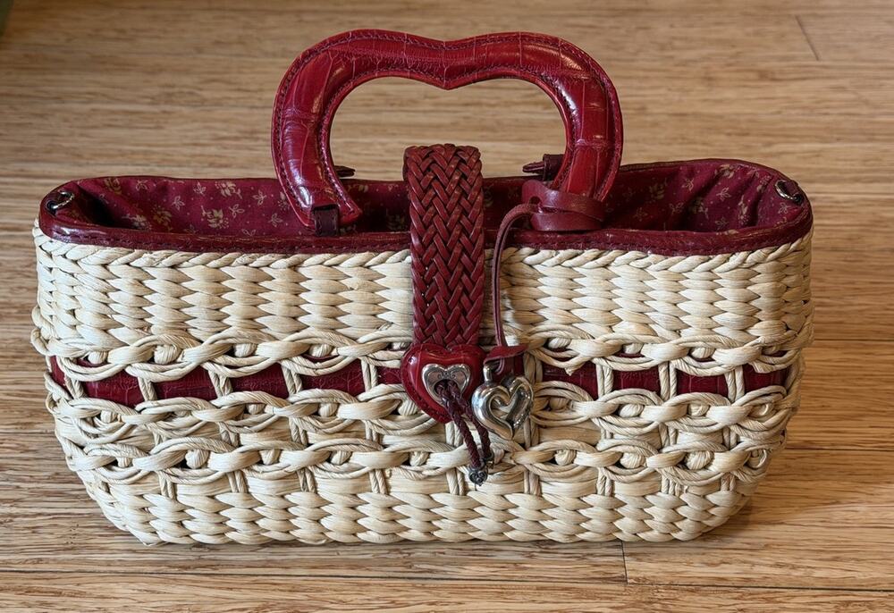 Brighton Woven Straw Satchel Purse Bag Red Leather Trim Drawstring Handbag
